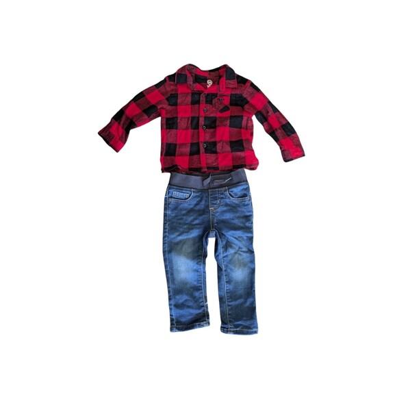 Wonder Nation 18M Red Black Plaid Long Sleeve Flannel Shirt And Jeans - Picture 1 of 2